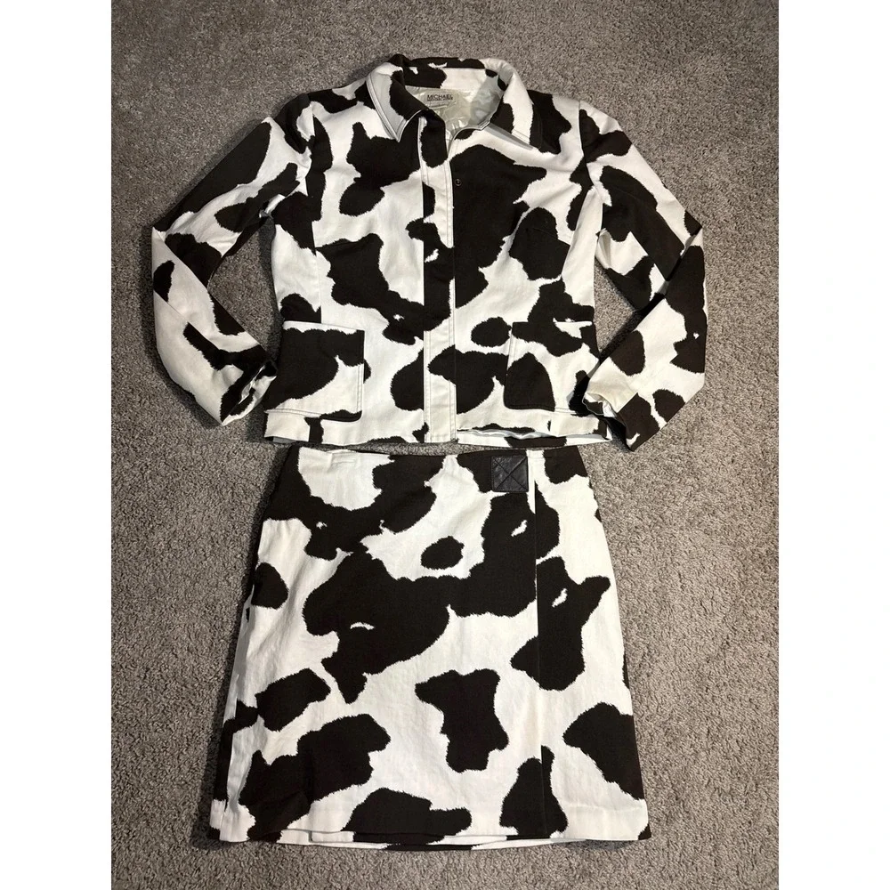 Y2K Michael Michael Kors Cow Print Skirt Suit Jacket Mini Skirt Brown White L